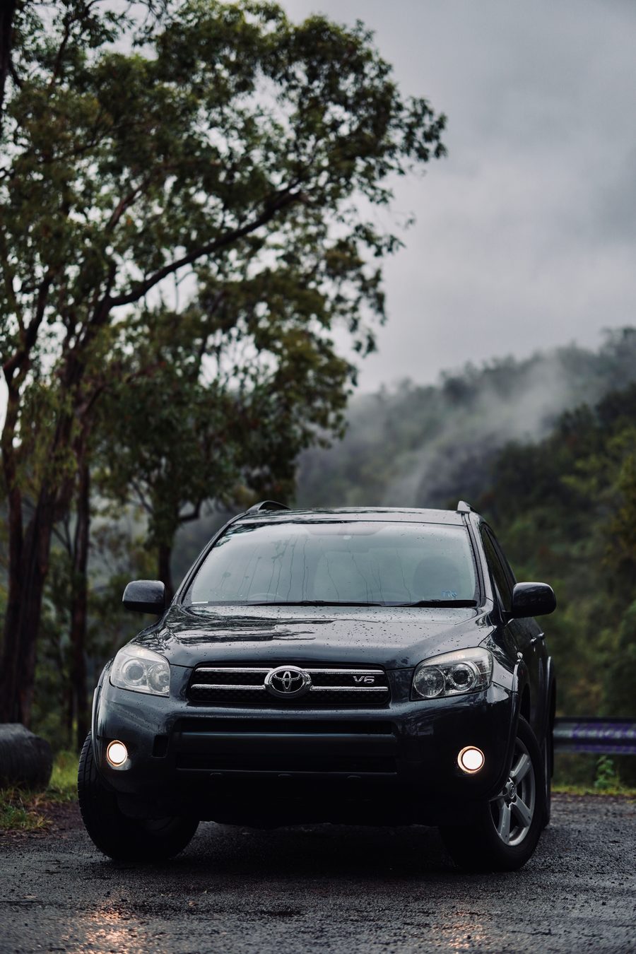 SUV parked on a misty road